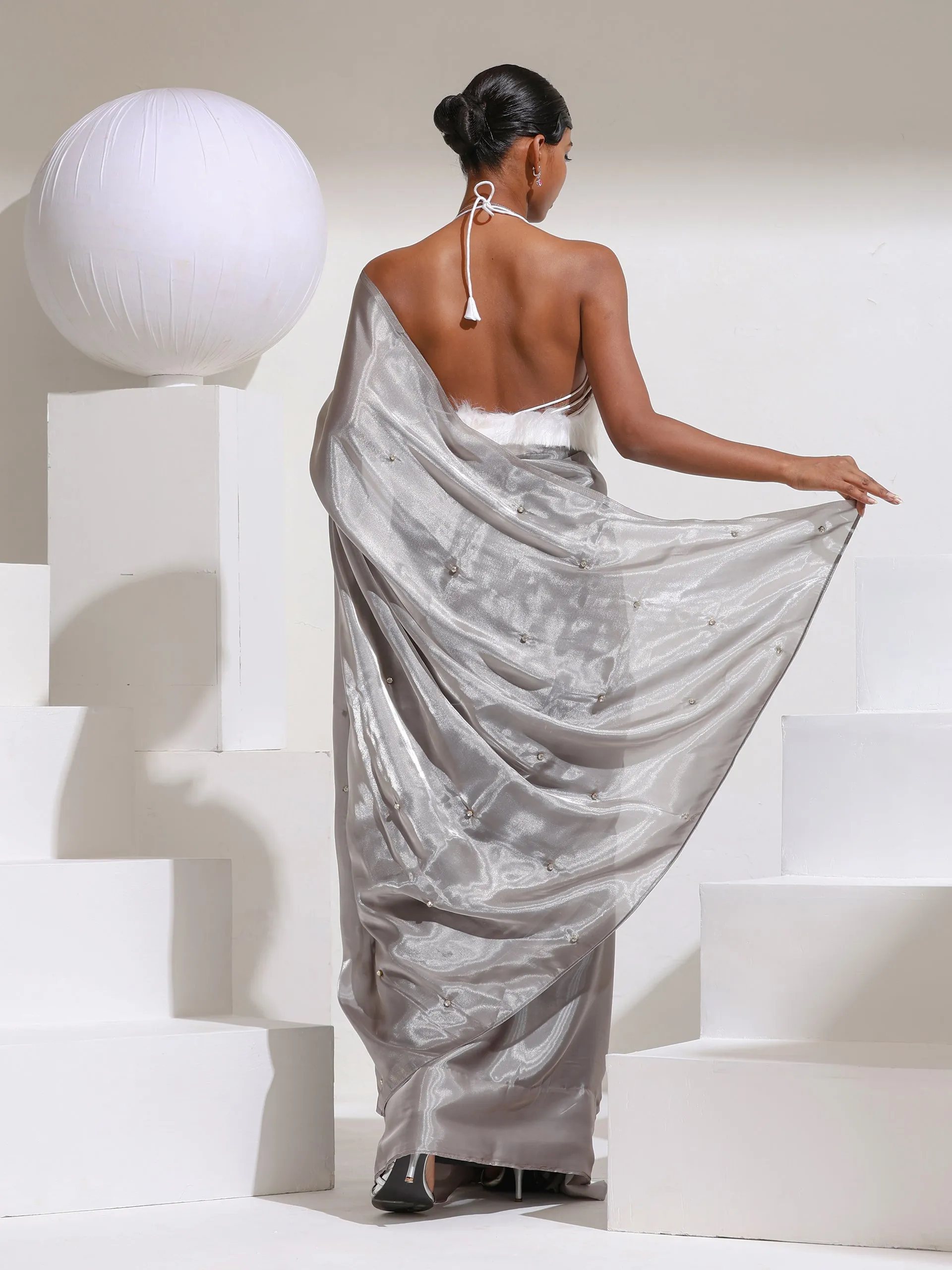 Star Galaxy Grey Organza Satin Saree with Beads on Pallu