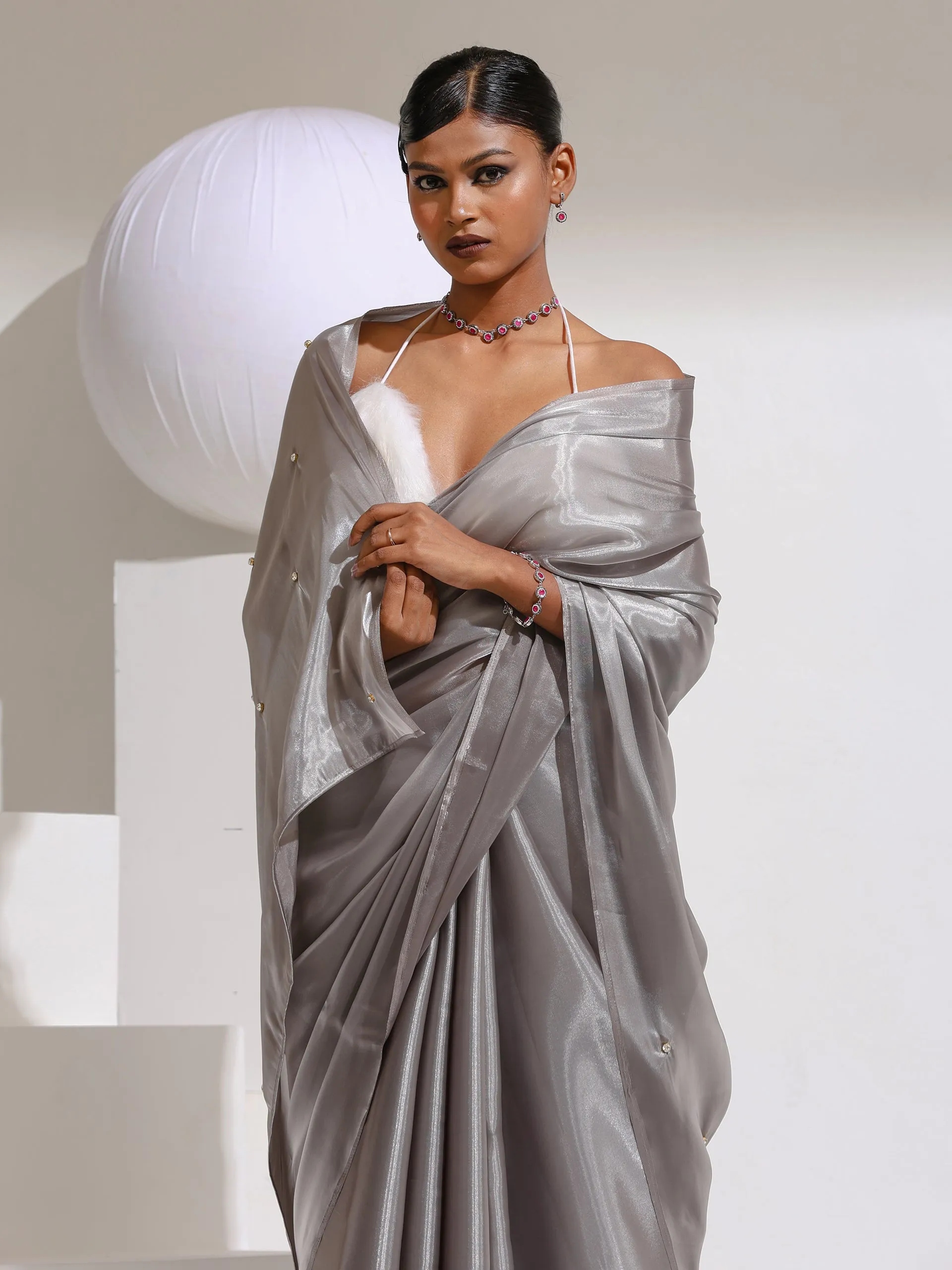 Star Galaxy Grey Organza Satin Saree with Beads on Pallu