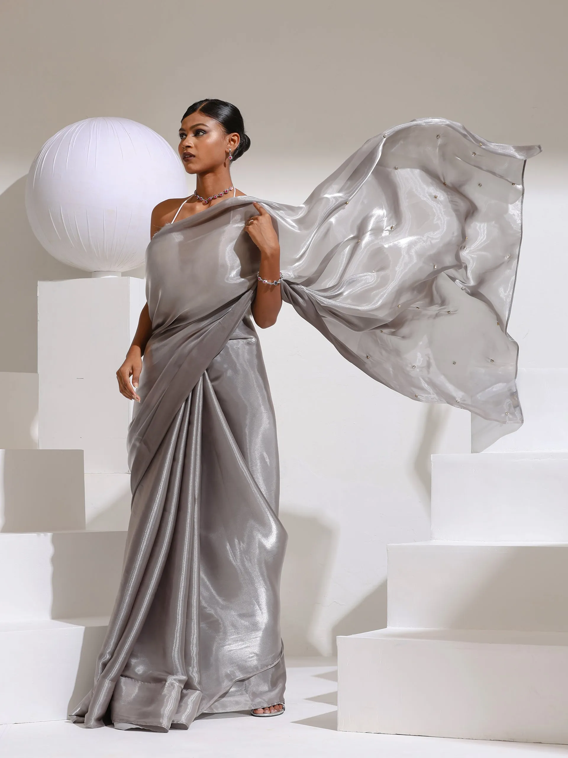 Star Galaxy Grey Organza Satin Saree with Beads on Pallu