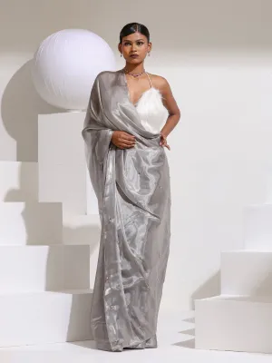 Star Galaxy Grey Organza Satin Saree with Beads on Pallu