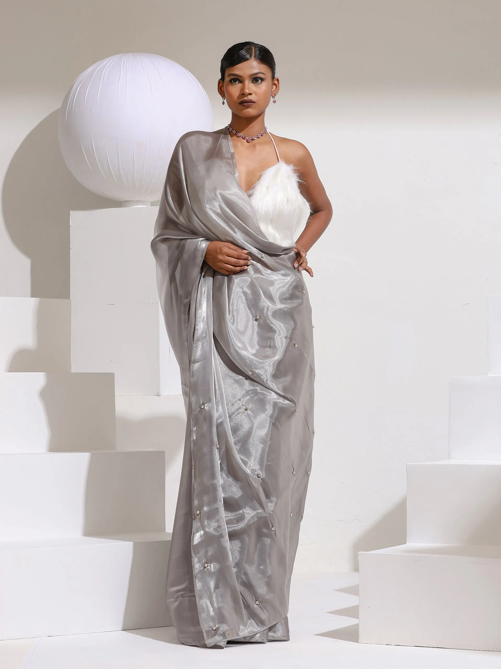 Star Galaxy Grey Organza Satin Saree with Beads on Pallu
