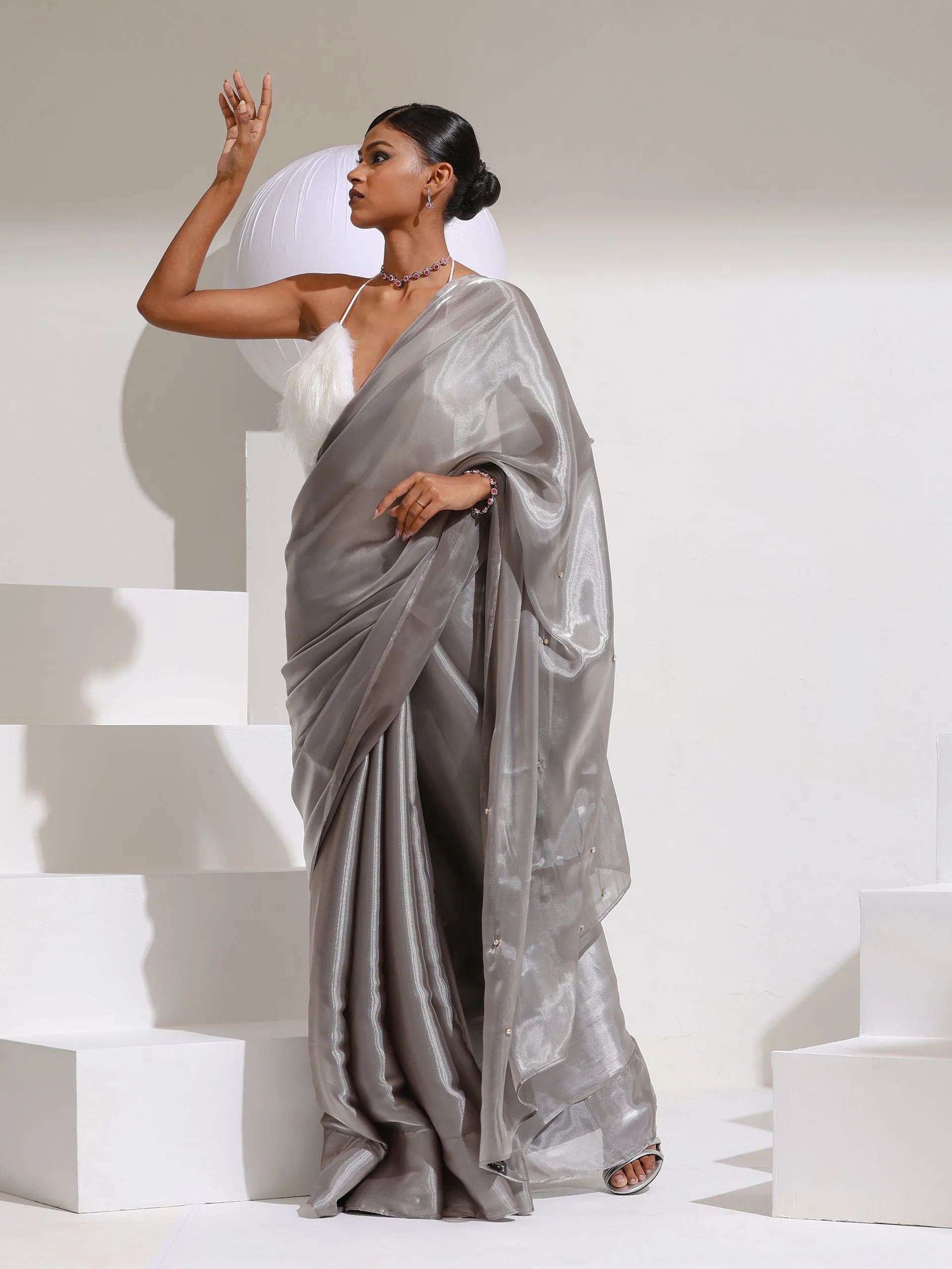 Star Galaxy Grey Organza Satin Saree with Beads on Pallu