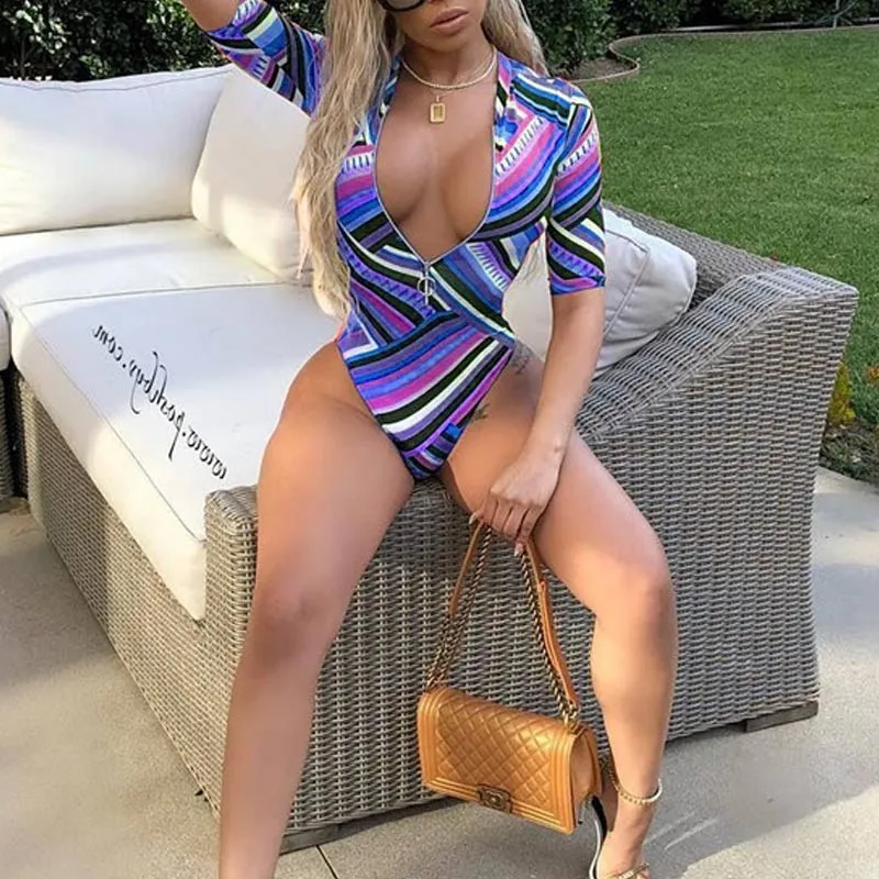 Striped Short Sleeve Zipper Design One Piece Swimsuit