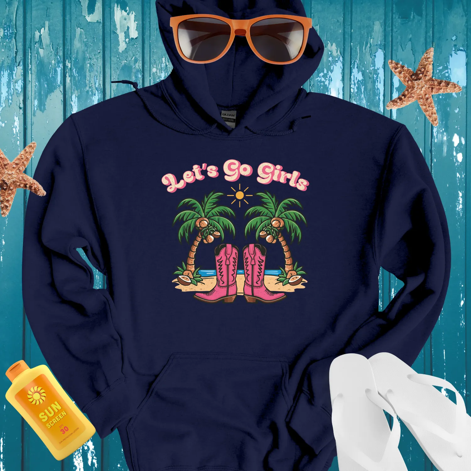 Summer Adventure Hoodie With Pink Cowboy Boots Design