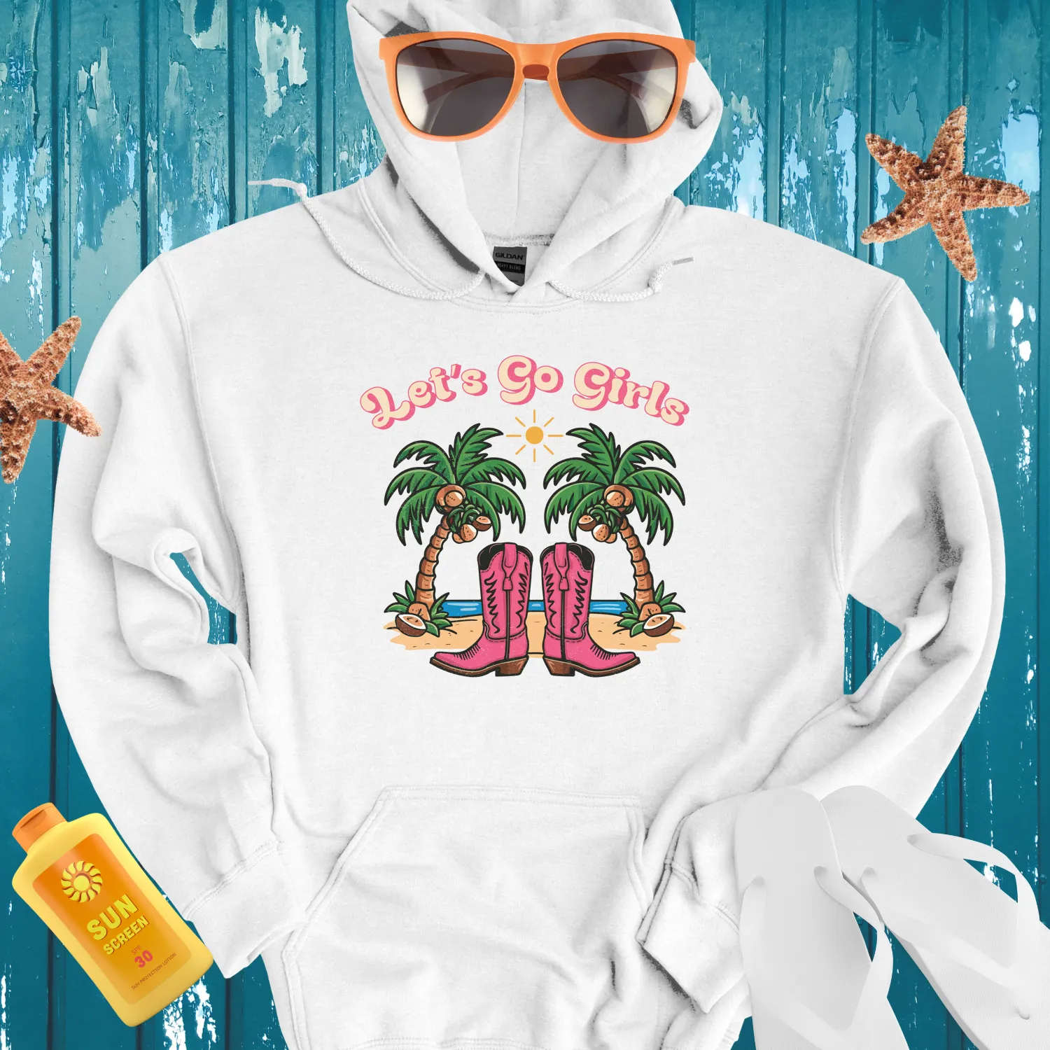 Summer Adventure Hoodie With Pink Cowboy Boots Design