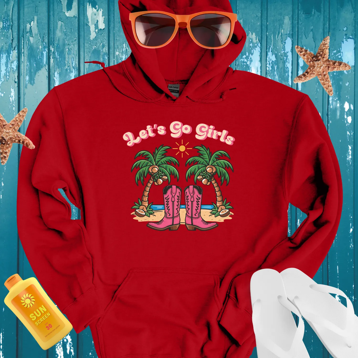 Summer Adventure Hoodie With Pink Cowboy Boots Design