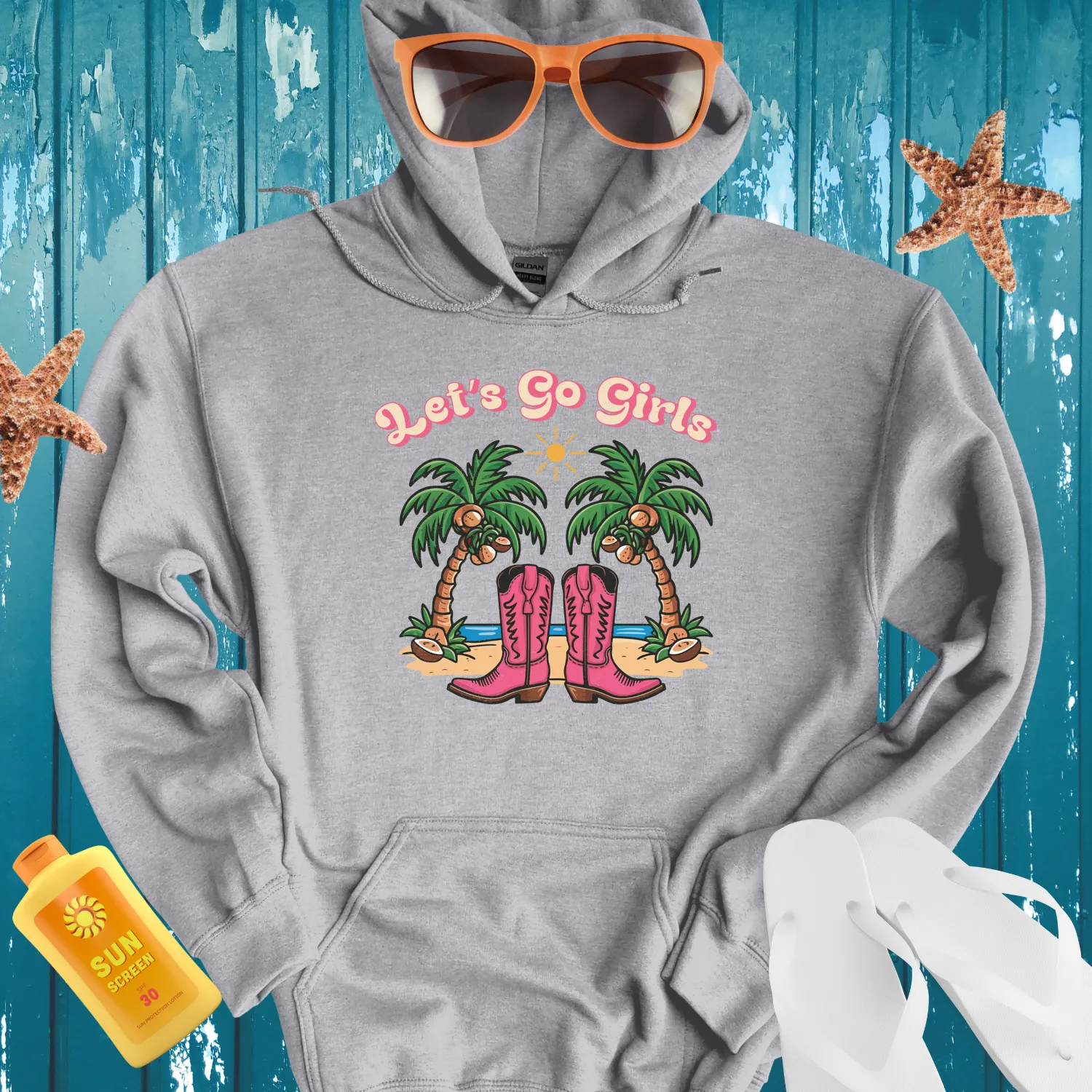 Summer Adventure Hoodie With Pink Cowboy Boots Design
