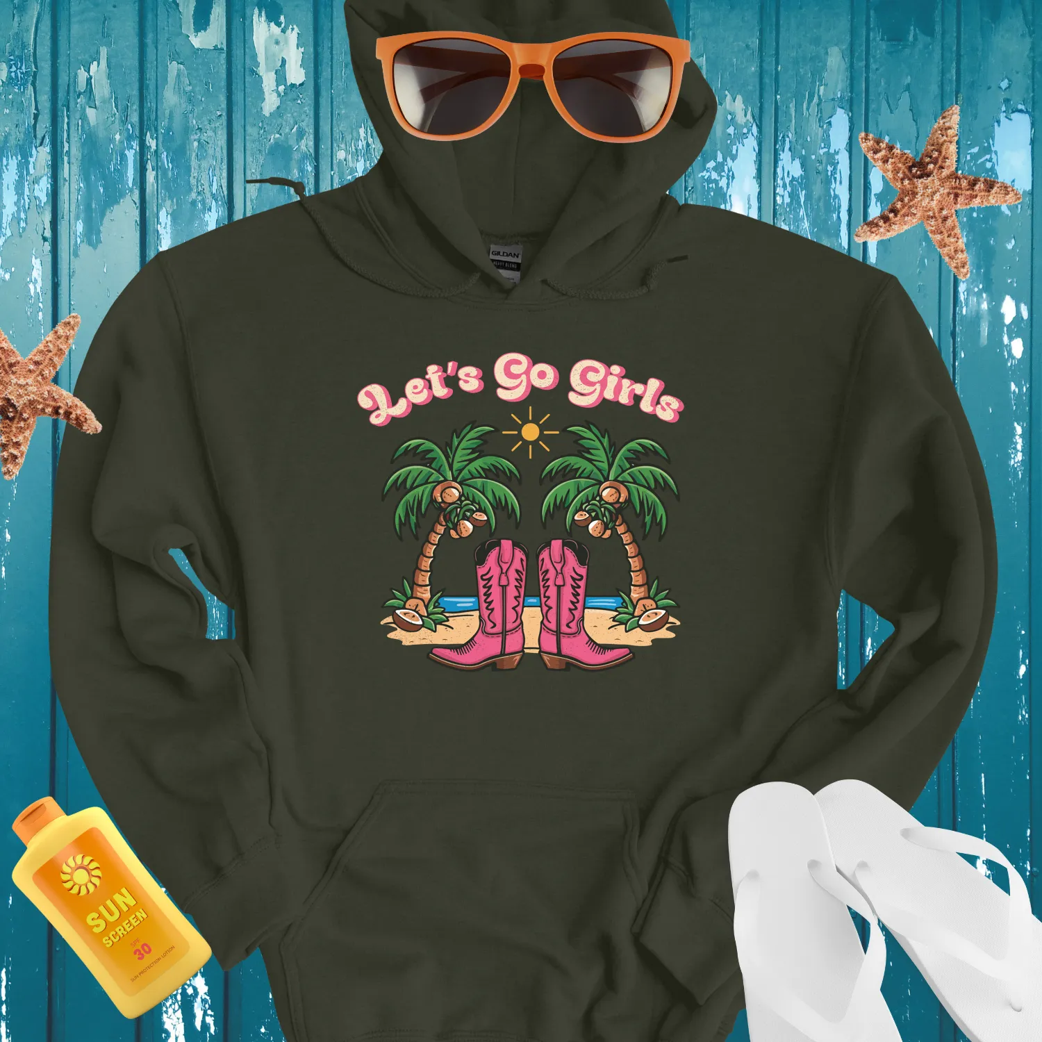 Summer Adventure Hoodie With Pink Cowboy Boots Design
