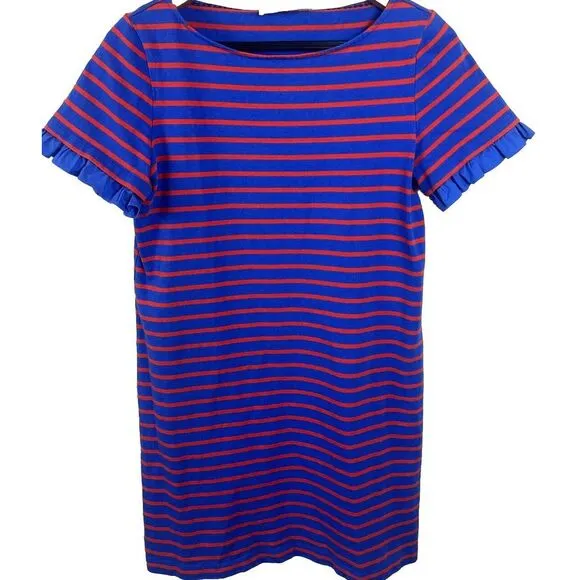 Tory Burch Blue &amp; Orange Ruffle Sleeve Striped Tee Shirt Casual Dress Small EUC‎
