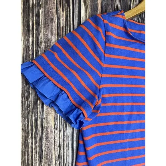 Tory Burch Blue &amp; Orange Ruffle Sleeve Striped Tee Shirt Casual Dress Small EUC‎