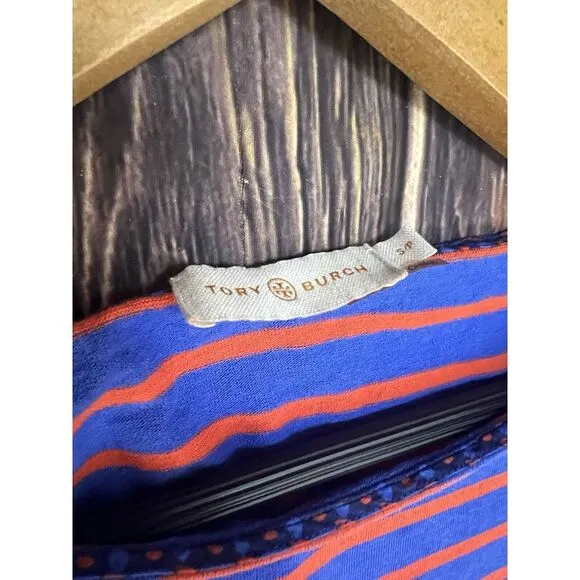 Tory Burch Blue &amp; Orange Ruffle Sleeve Striped Tee Shirt Casual Dress Small EUC‎