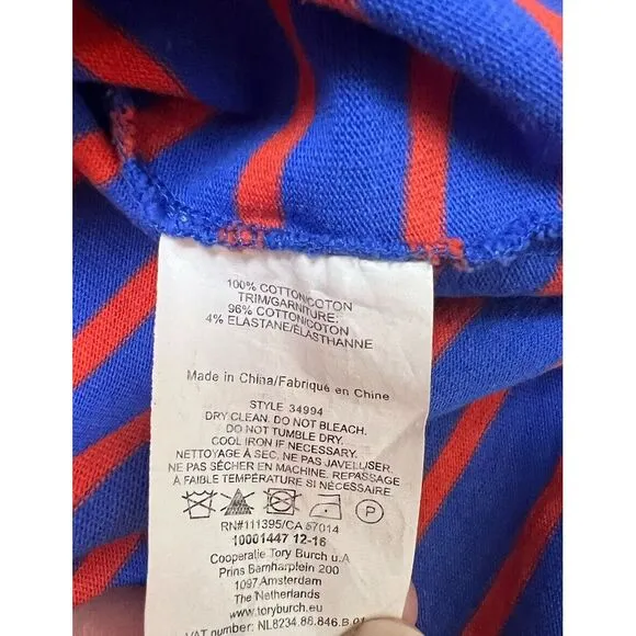 Tory Burch Blue &amp; Orange Ruffle Sleeve Striped Tee Shirt Casual Dress Small EUC‎