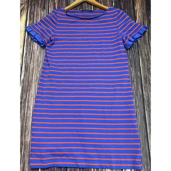 Tory Burch Blue &amp; Orange Ruffle Sleeve Striped Tee Shirt Casual Dress Small EUC‎