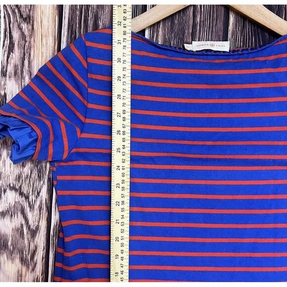 Tory Burch Blue &amp; Orange Ruffle Sleeve Striped Tee Shirt Casual Dress Small EUC‎