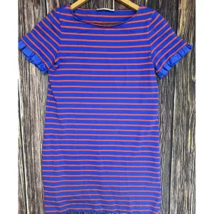 Tory Burch Blue &amp; Orange Ruffle Sleeve Striped Tee Shirt Casual Dress Small EUC‎