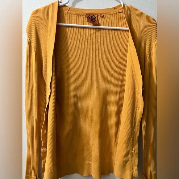 Tory Burch Shrunken Simone Cardigan Sweater Ribbed V Neck Cotton Size Small Logo
