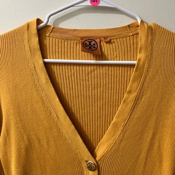 Tory Burch Shrunken Simone Cardigan Sweater Ribbed V Neck Cotton Size Small Logo