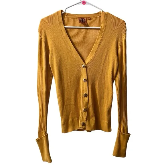 Tory Burch Shrunken Simone Cardigan Sweater Ribbed V Neck Cotton Size Small Logo