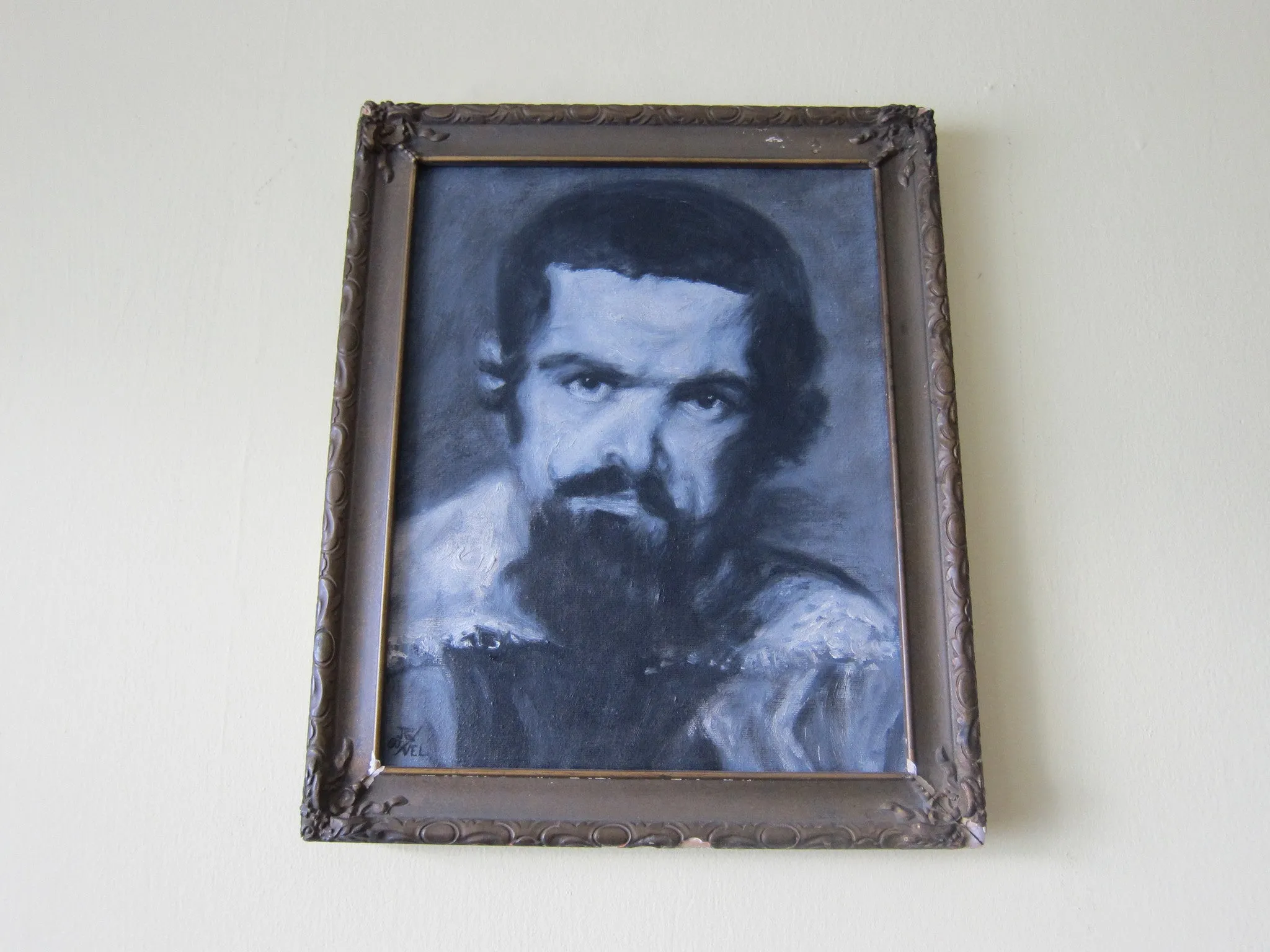 Vintage Black and White Oil Portrait Painting