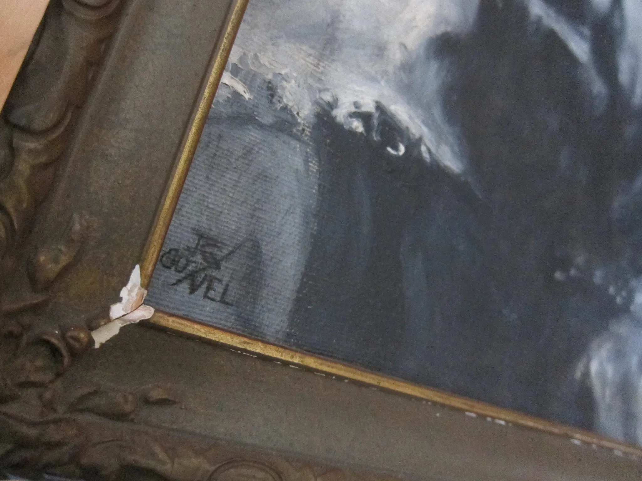 Vintage Black and White Oil Portrait Painting