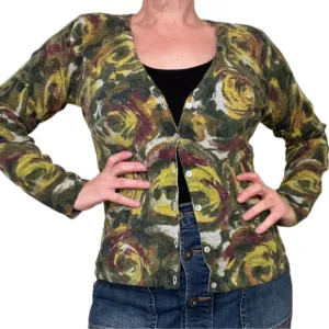 VINTAGE Lambs Wool &amp; Angora Floral Print Cardigan, Khaki &amp; Olive Green Plum Gold