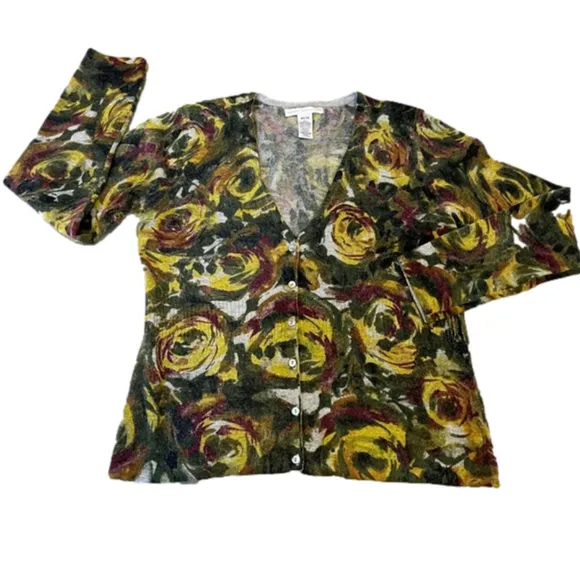 VINTAGE Lambs Wool &amp; Angora Floral Print Cardigan, Khaki &amp; Olive Green Plum Gold
