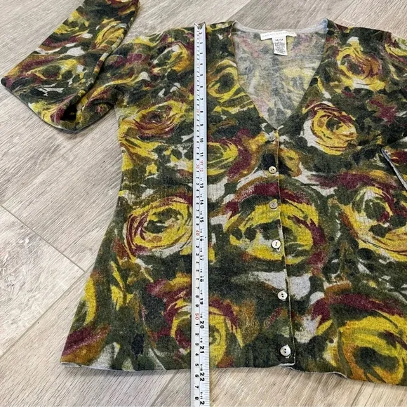 VINTAGE Lambs Wool &amp; Angora Floral Print Cardigan, Khaki &amp; Olive Green Plum Gold