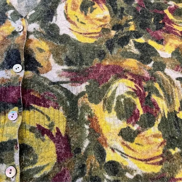 VINTAGE Lambs Wool &amp; Angora Floral Print Cardigan, Khaki &amp; Olive Green Plum Gold