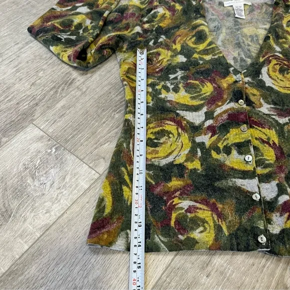 VINTAGE Lambs Wool &amp; Angora Floral Print Cardigan, Khaki &amp; Olive Green Plum Gold