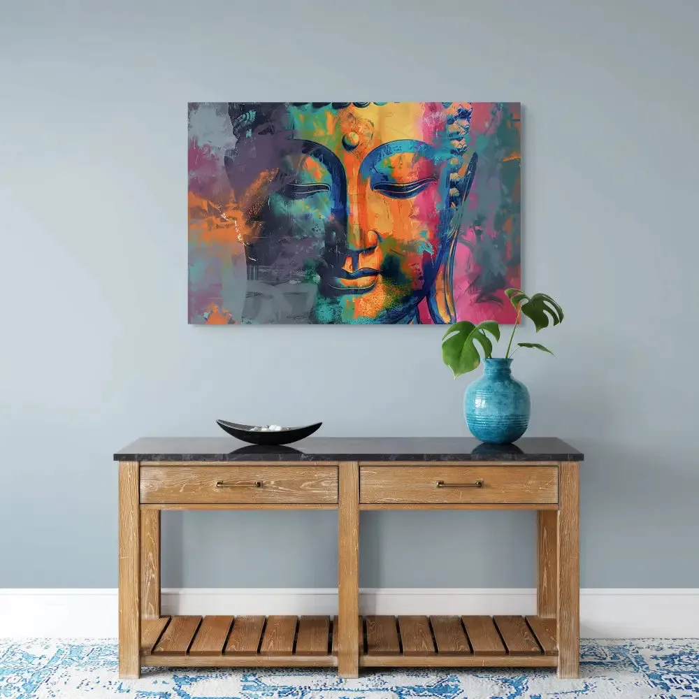 Vivid Buddha Head Canvas Painting with Serene Expression