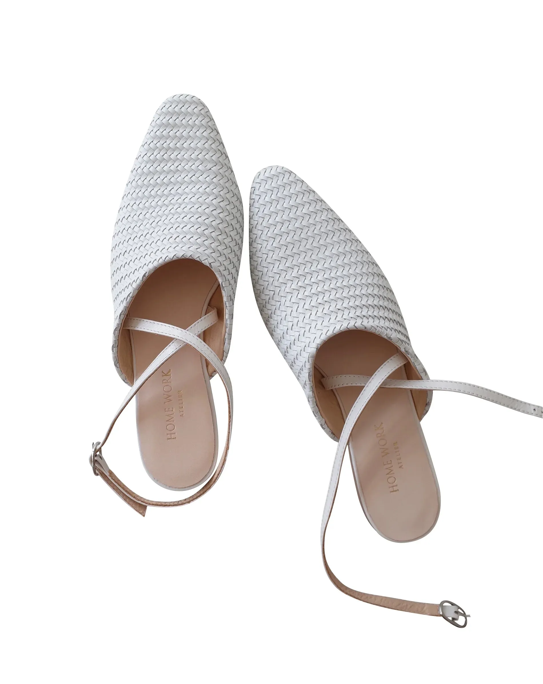 White Woven Pointed Toe Mules