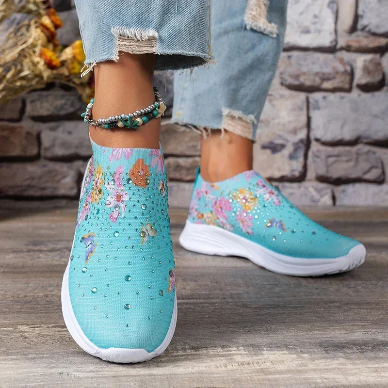 Women Print Breathable Jogging Sneakers Shining Crystal Walking Socks Shoes Woman Slip-On Soft Bottom Light Trainers Female