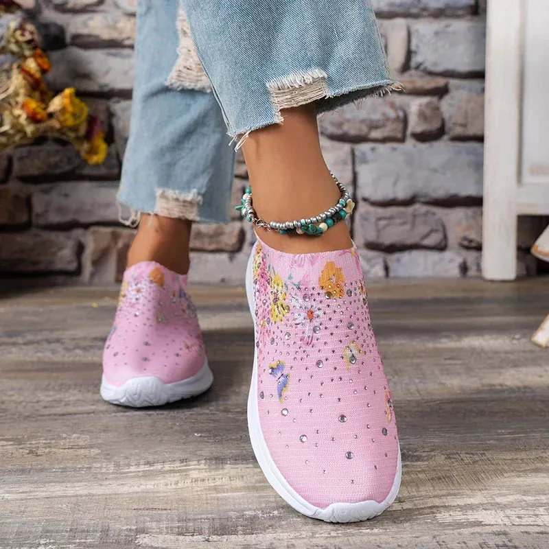 Women Print Breathable Jogging Sneakers Shining Crystal Walking Socks Shoes Woman Slip-On Soft Bottom Light Trainers Female