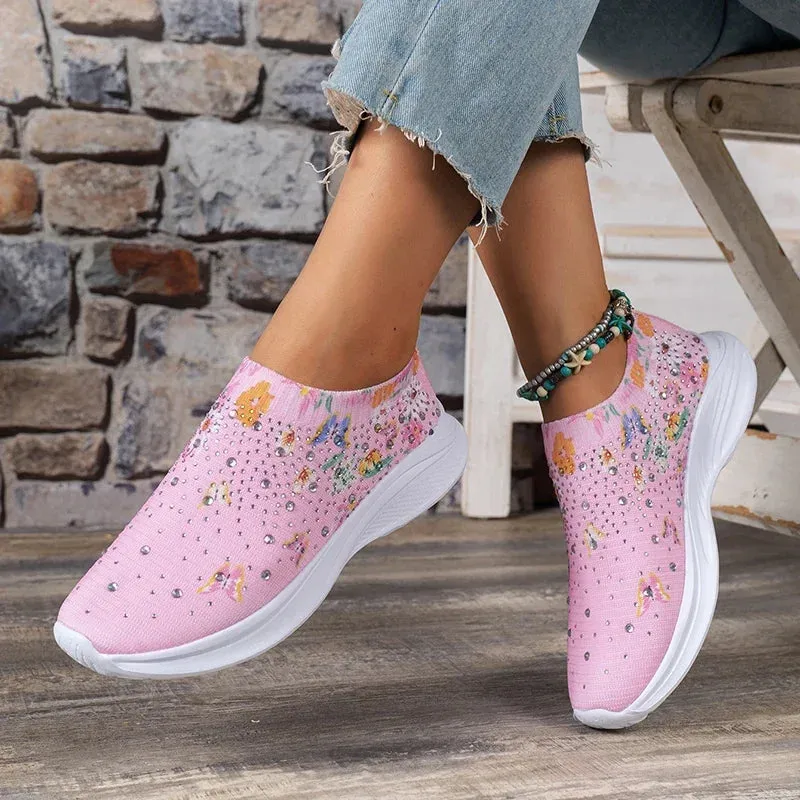 Women Print Breathable Jogging Sneakers Shining Crystal Walking Socks Shoes Woman Slip-On Soft Bottom Light Trainers Female