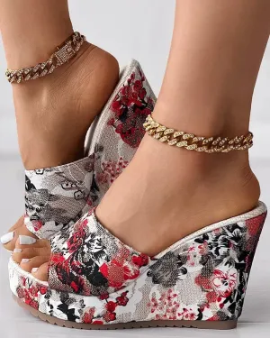Women Shoes Fashion Shoes Casual Flip Flops Summer Vintage Floral Print Peep Toe Wedge Slippers