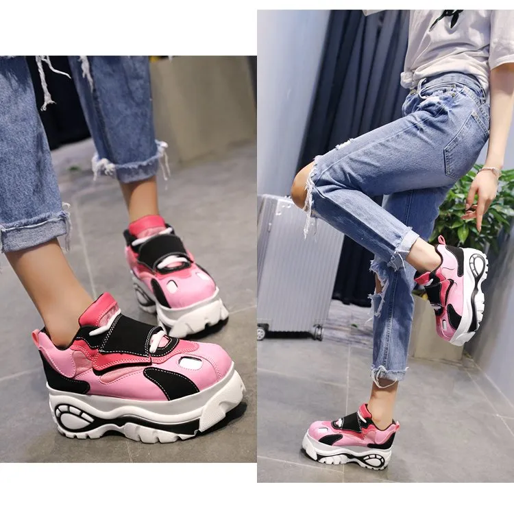 Women Sneakers Harajuku Platform Elevator Leather Casual Shoes Woman Thick Soled Zapatos Mujer Ladies Creepers 6cm High Heels