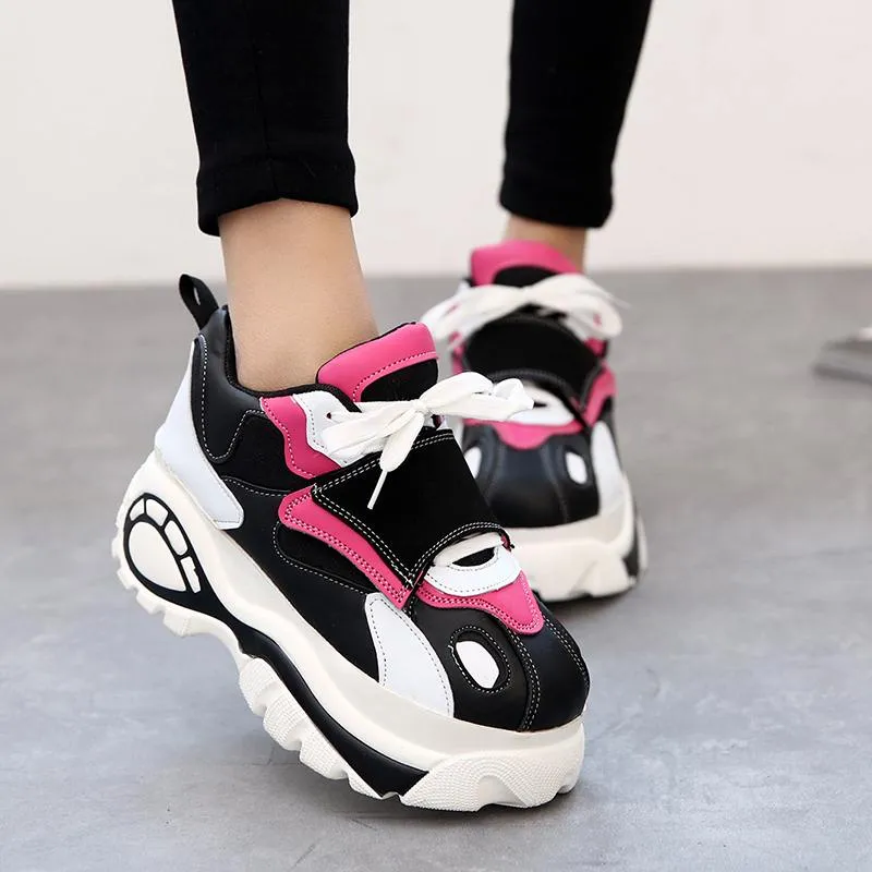 Women Sneakers Harajuku Platform Elevator Leather Casual Shoes Woman Thick Soled Zapatos Mujer Ladies Creepers 6cm High Heels
