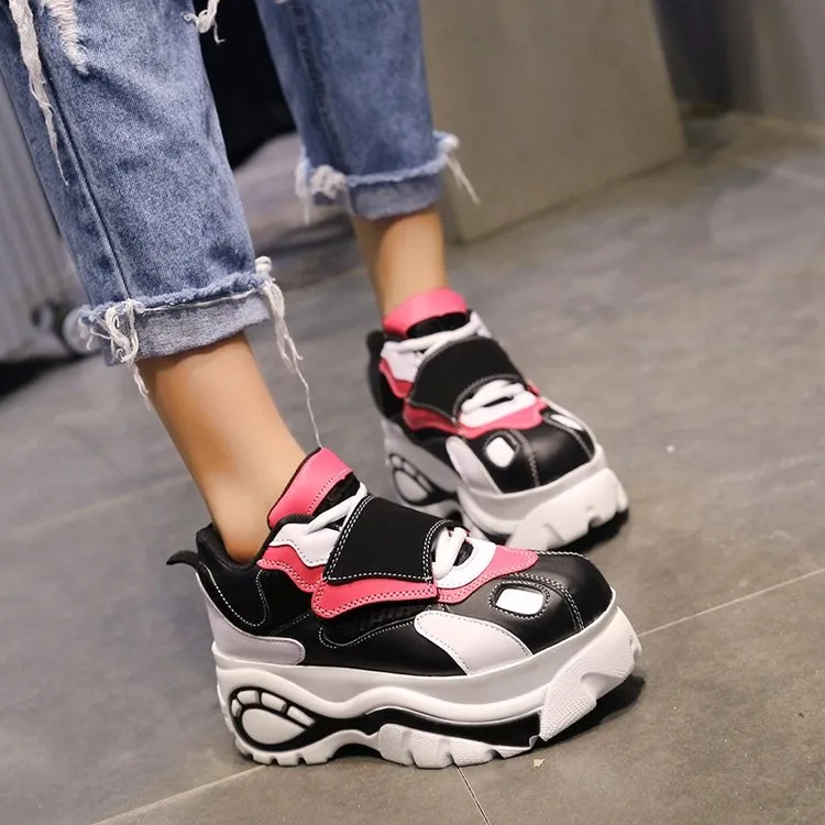 Women Sneakers Harajuku Platform Elevator Leather Casual Shoes Woman Thick Soled Zapatos Mujer Ladies Creepers 6cm High Heels