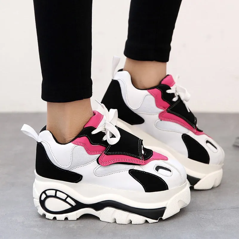 Women Sneakers Harajuku Platform Elevator Leather Casual Shoes Woman Thick Soled Zapatos Mujer Ladies Creepers 6cm High Heels