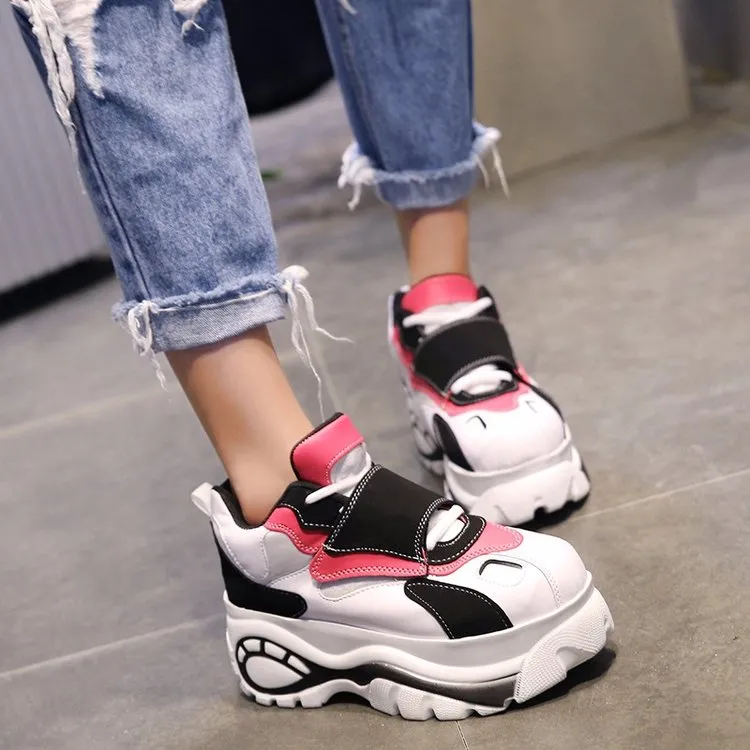 Women Sneakers Harajuku Platform Elevator Leather Casual Shoes Woman Thick Soled Zapatos Mujer Ladies Creepers 6cm High Heels