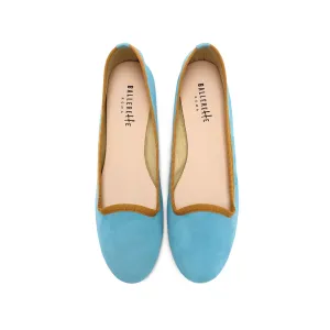 Women’s Aqua Blue Suede Loafers with Ochre Details