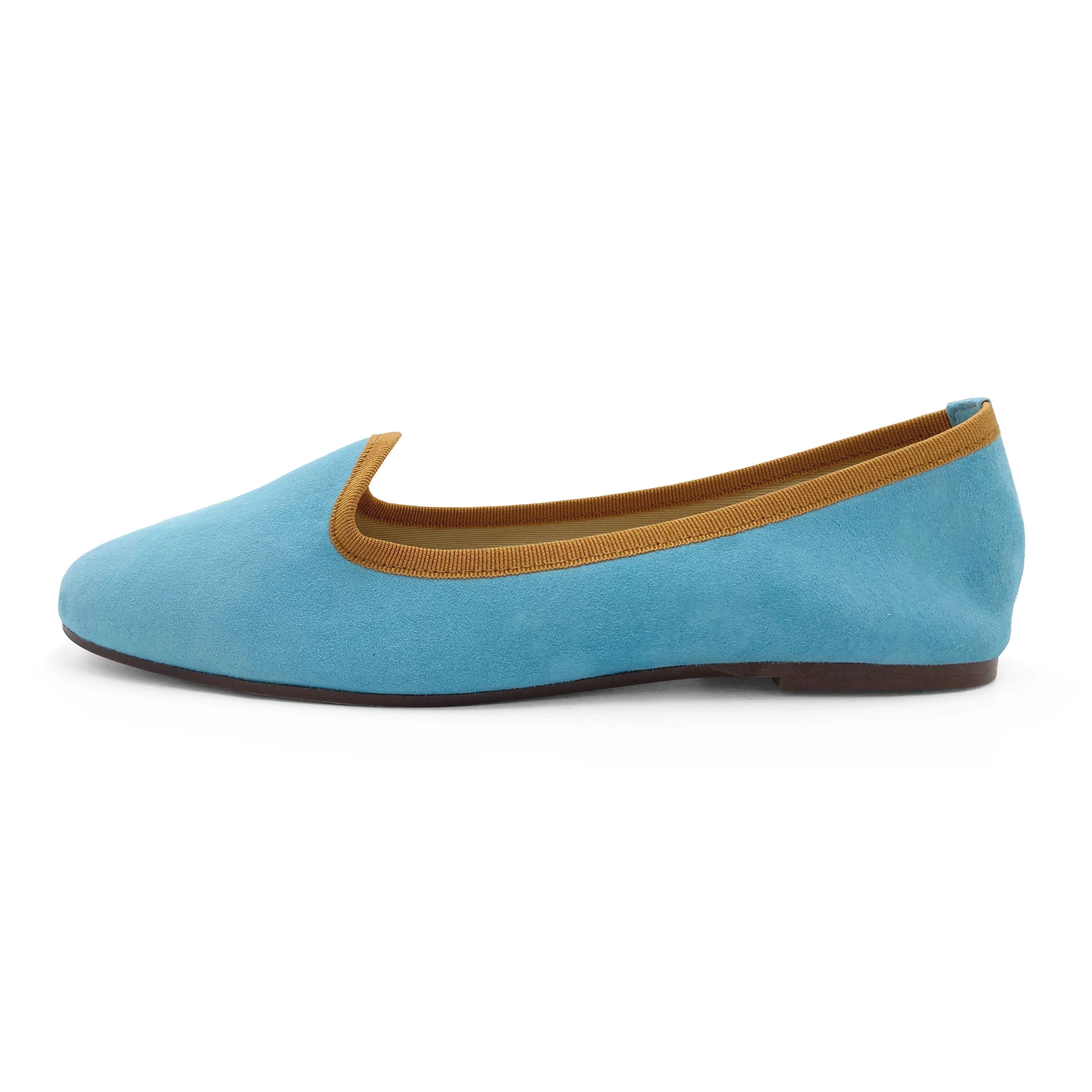 Women’s Aqua Blue Suede Loafers with Ochre Details