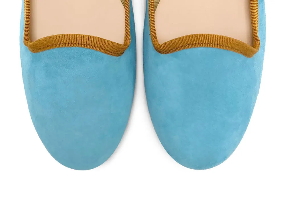 Women’s Aqua Blue Suede Loafers with Ochre Details