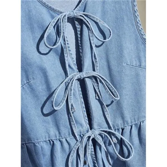 Women's Denim Waistcoat, Casual Tie-Up Bow Ruffle Hem Vest, Blue