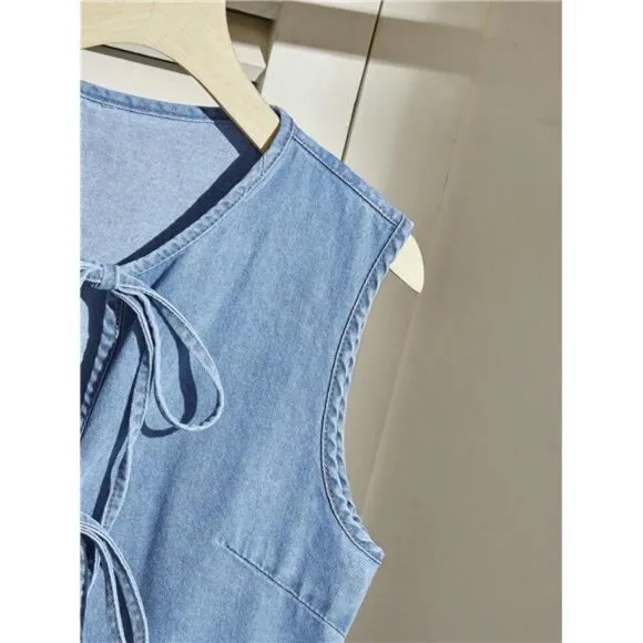 Women's Denim Waistcoat, Casual Tie-Up Bow Ruffle Hem Vest, Blue