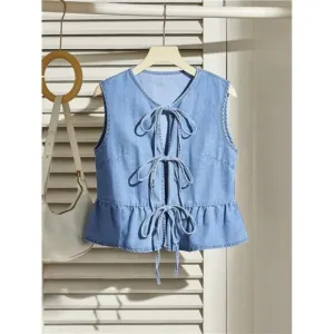 Women's Denim Waistcoat, Casual Tie-Up Bow Ruffle Hem Vest, Blue