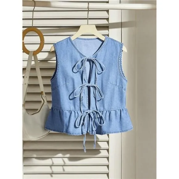 Women's Denim Waistcoat, Casual Tie-Up Bow Ruffle Hem Vest, Blue