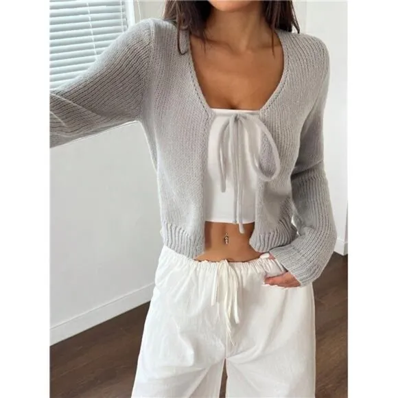 Women's Solid Color Front Tie Long Sleeve Casual Cardigan