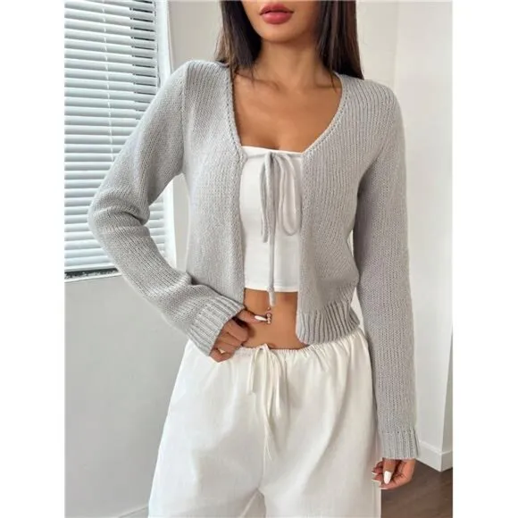 Women's Solid Color Front Tie Long Sleeve Casual Cardigan