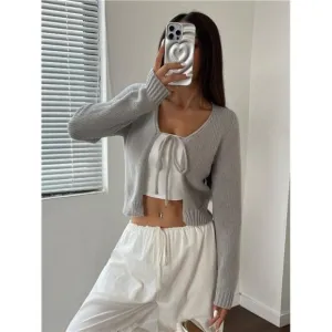Women's Solid Color Front Tie Long Sleeve Casual Cardigan